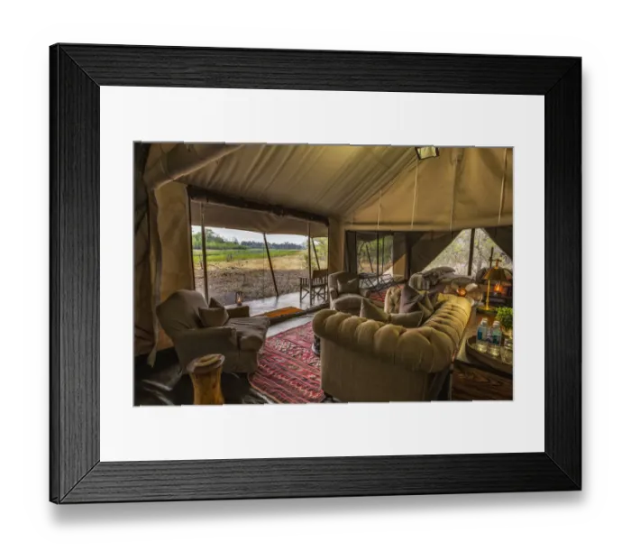 Framed Print : Lounge area of luxury family tent, Machaba Camp, Okavango Delta, Botswana
