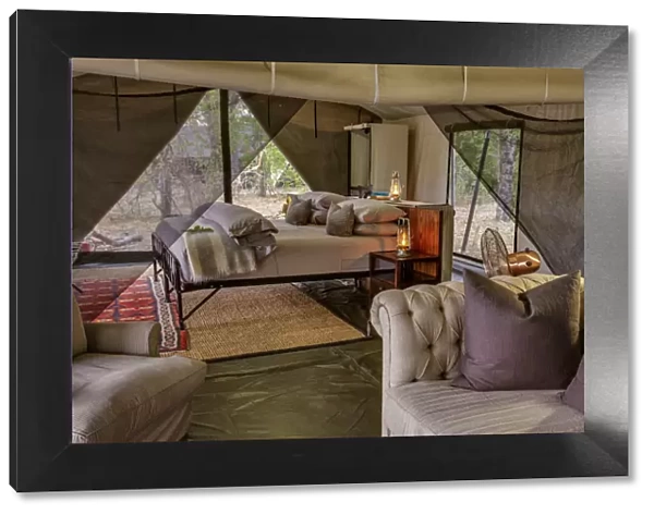 Main bedroom of luxury family tent, Machaba Camp, Okavango Delta, Botswana