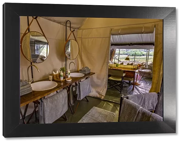 En-suite bathroom of luxury family tent, Machaba Camp, Okavango Delta, Botswana