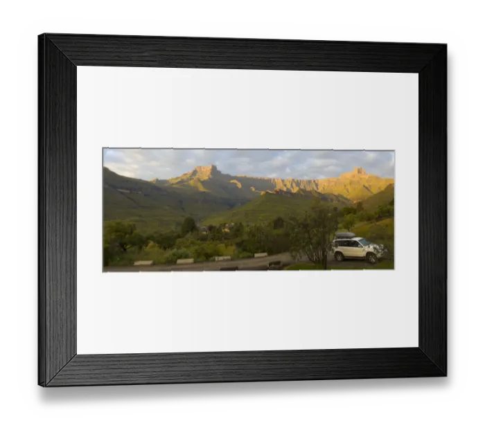 Framed Print : 4x4, car, cloud, color image, colour image, day, daytime, dirt track, drakensberg amphitheatre