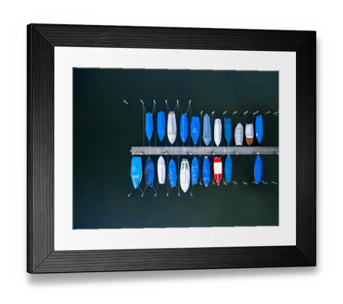 Framed Print : Boats moored at dock or jetty top view, view from above, aerial view Framed Print : Boats moored at dock or jetty top view, view from above, aerial view