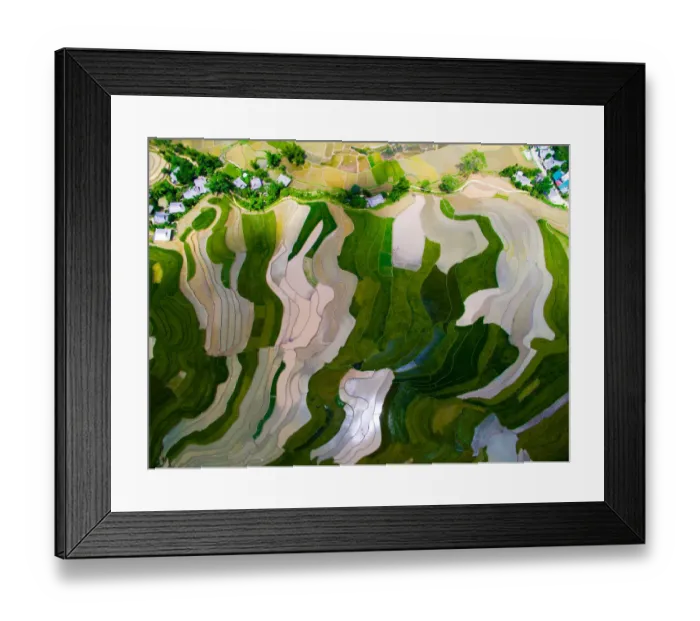 Framed Print : Terraced rice field in water season in Mu Cang Chai from above Framed Print : Terraced rice field in water season in Mu Cang Chai from above