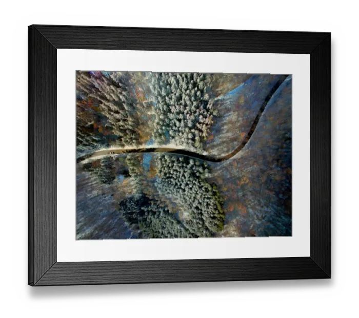 Framed Print : Merging two pictures in one picture creating glitch surreal view of drone point of view landscape