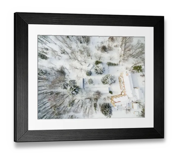 Framed Print : Drone picture taken from directly above of the winter landscape of the Montseny nature reserve covered with snow