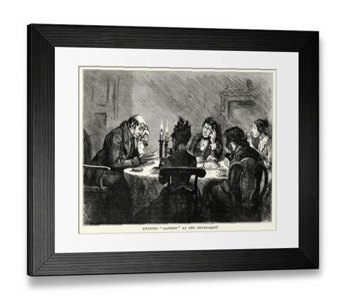 Framed Print : Charles Dickens - Reading Dombey at the snuff shop Framed Print : Charles Dickens - Reading Dombey at the snuff shop