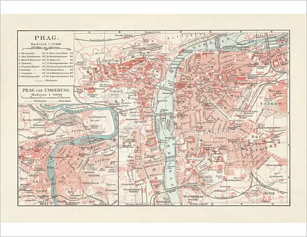 Historical city map of Prague, Czech Republic, lithograph, published 1897