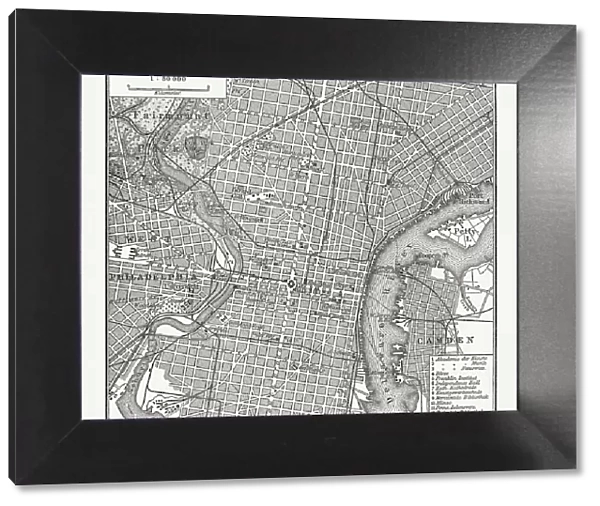 Historical city map of Philadelphia, Pennsylvania, USA, wood engraving, published in 1897
