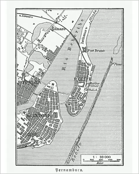 Historical city map of Recife, Pernambuco, Brazil, wood engraving, published 1897