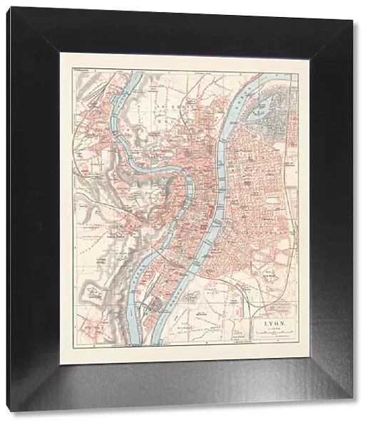 City map of Lyon, Auvergne-RhA┼¢ne-Alpes, France, lithograph, published 1897
