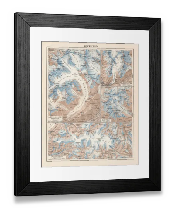Framed Print : Topographic maps European glaciers, lithograph, published in 1897 Framed Print : Topographic maps European glaciers, lithograph, published in 1897