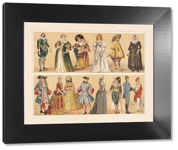 European costumes, 17th - 19th century, chromolithograph, published in 1897