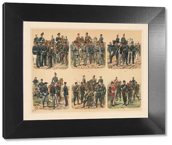 European Jaegers, gunners, pioneers and trains, chromolithograph, published in 1897