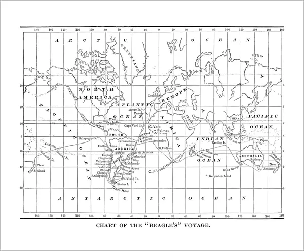 Chart of the Beagles voyage. Charles Darwin travel map