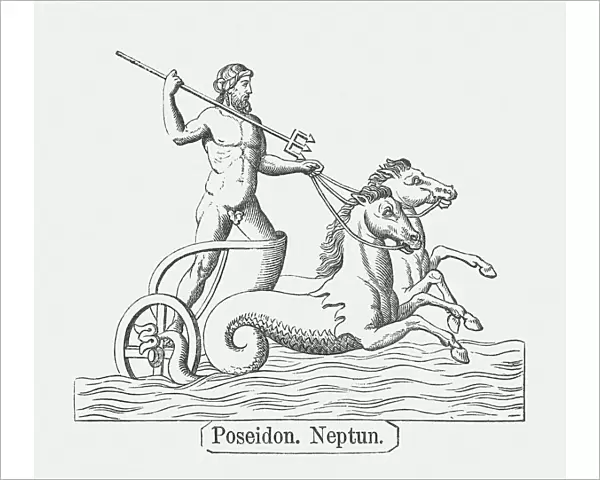 Poseidon, or Neptune, Greek Roman mythology, wood engraving, published 1878