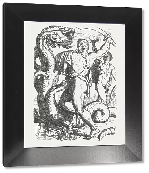 Hercules slaying the Hydra, Greek mythology, wood engraving, published 1880