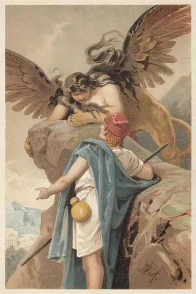 Oedipus and the Sphinx, Greek Mythology, lithograph, published in 1897