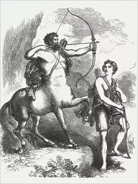 Chiron teaching Achilles, Greek mythology, wood engraving, published in 1880
