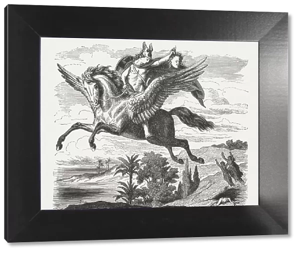 Perseus on Pegasus, Greek Mythology, wood engraving, published in 1880