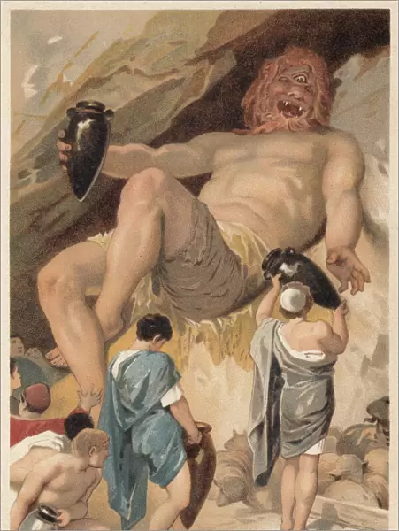 Odysseus makes Polyphemus drunk, Greek Mythology, lithograph, published 1897