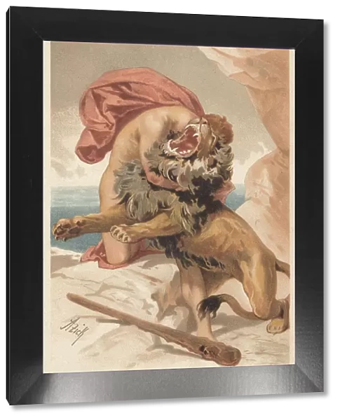 Hercules fighting the Nemean Lion, Greek Mythology, lithograph, published 1897