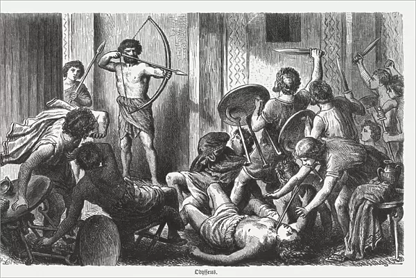 Ulysses kills the suitors, Greek mythology, wood engraving, published 1880