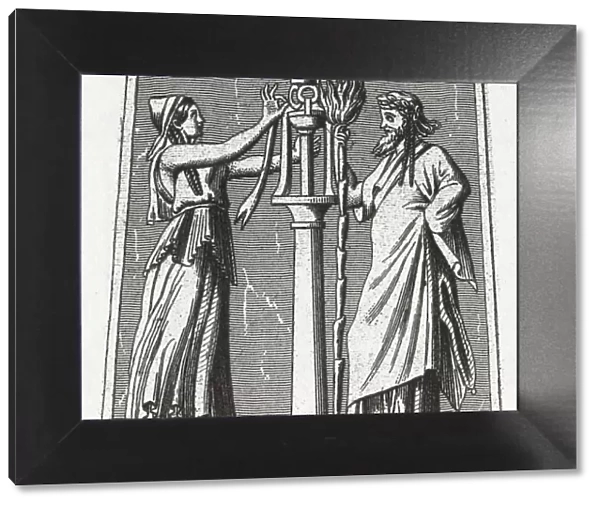 Engraved illustration of Greek and Roman sculpture and coins