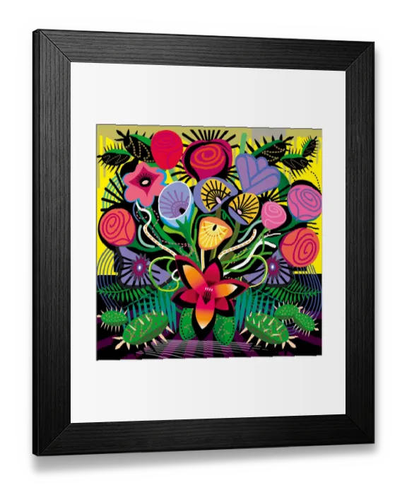 Framed Print : All over Blooming Flowers Bouquet in Vivid Color Illustration