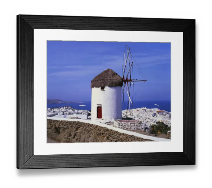 Framed Print : Windmill and View of Mykonos by the Coast, Cyclades, Greece Framed Print : Windmill and View of Mykonos by the Coast, Cyclades, Greece