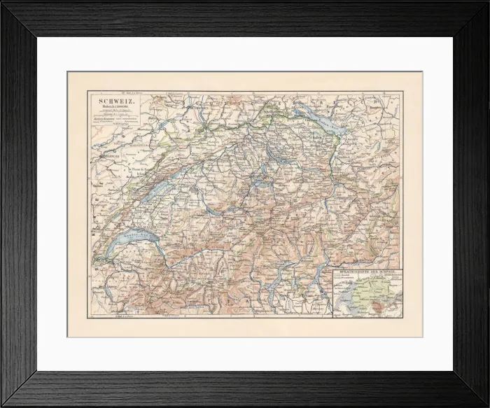 Framed Print : Map of Switzerland and the different language areas, lithograph, 1897