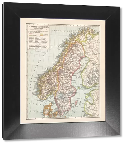 Typographic map of Sweden and Norway, lithograph, published in 1897