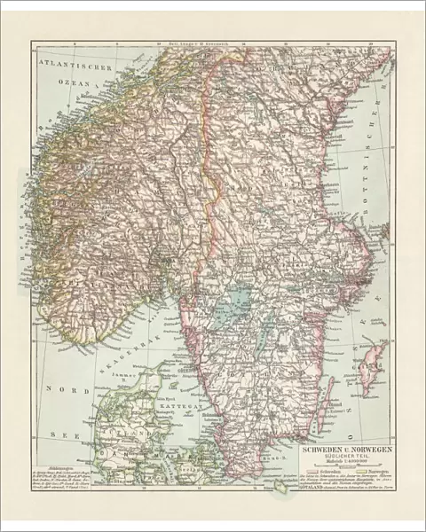 Map of Denmark, Southern Norway and Southern Sweden, lithograph, 1897
