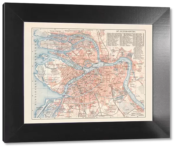 Historical city map of Saint Petersburg, Russia, lithograph, published 1897