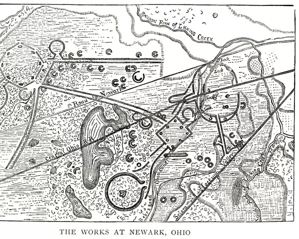 woodcut map illustration of Newark Earthworks, Ohio