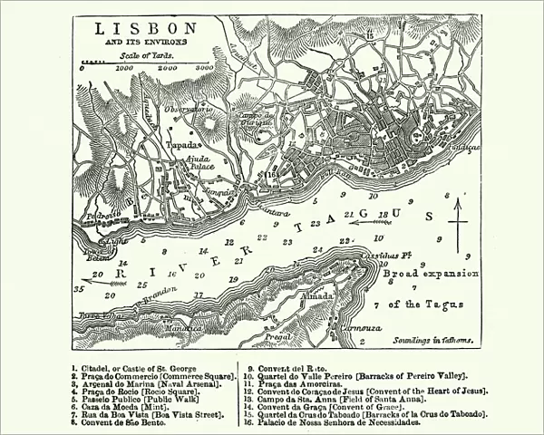 Map of Lisbon, Portugal, 19th Century