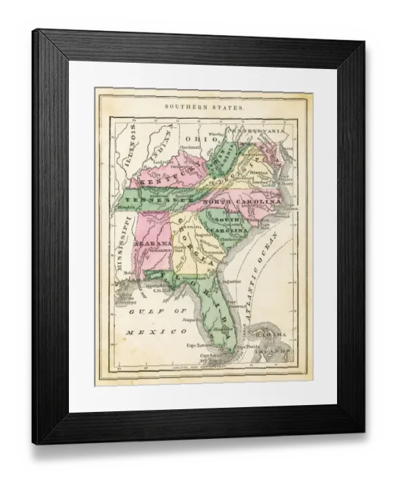 Framed Print : Map of USA Southern states 1871 Framed Print : Map of USA Southern states 1871