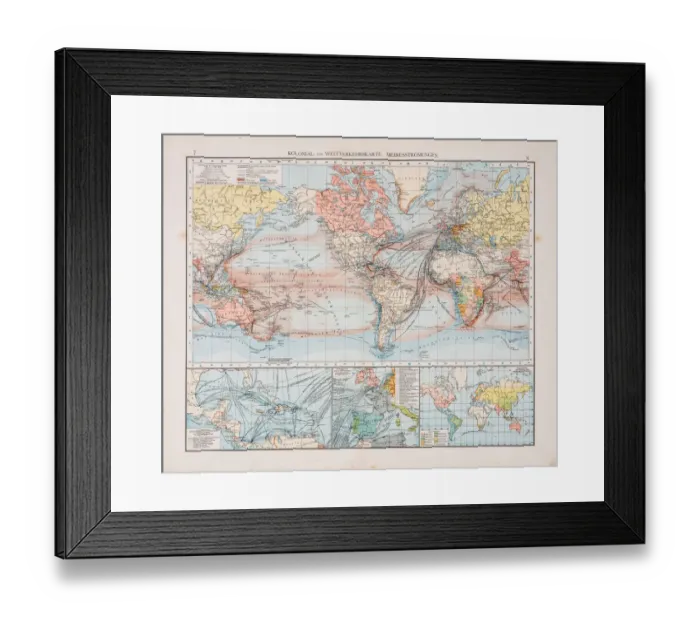 Framed Print : Map of world traffic map and currents 1896 Framed Print : Map of world traffic map and currents 1896