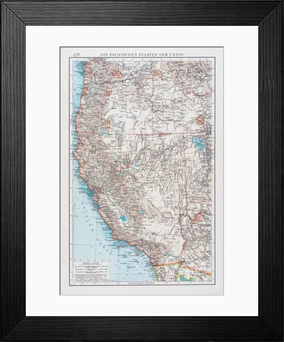 Framed Print : Map of USA pacific states 1896