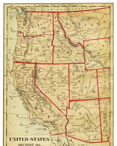 Map of Western states USA 1876