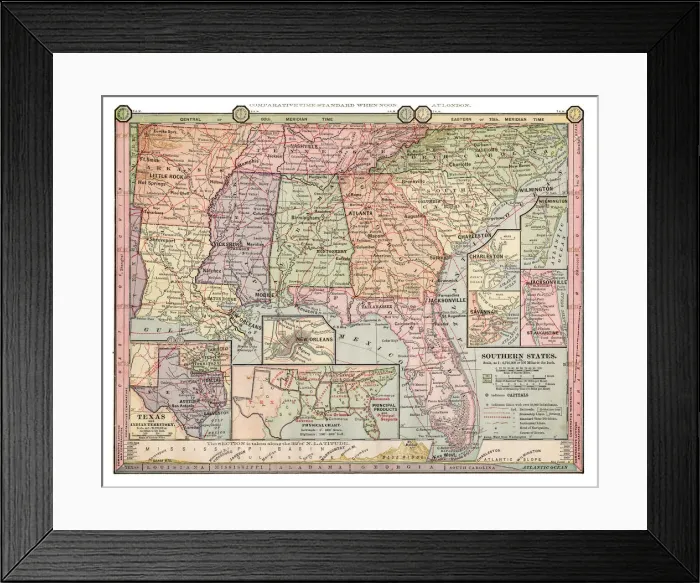 Framed Print : Map of Southern states1889 Framed Print : Map of Southern states1889