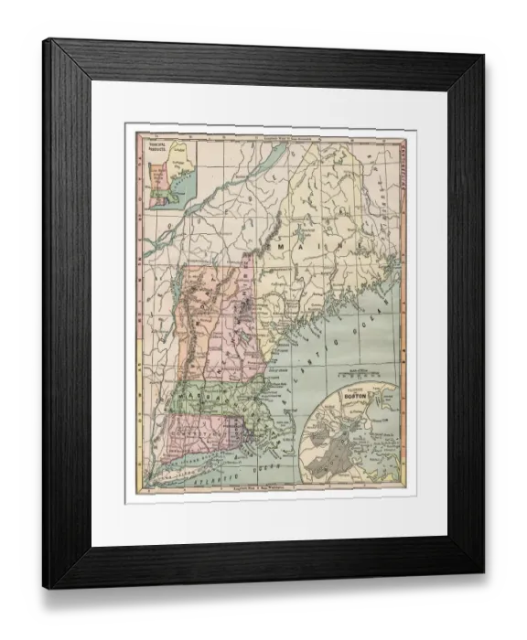 Framed Print : Map of New England states 1889 Framed Print : Map of New England states 1889