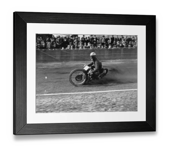 Framed Print : Race Skid. April 1928: Motor cycle racing on a dirt track at high beach, Loughton Framed Print : Race Skid. April 1928: Motor cycle racing on a dirt track at high beach, Loughton