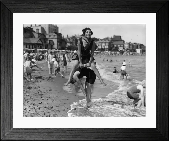 Framed Print : Leapfrog. July 1927: Two women playing leapfrog on the beach at Broadstairs in Kent Framed Print : Leapfrog. July 1927: Two women playing leapfrog on the beach at Broadstairs in Kent
