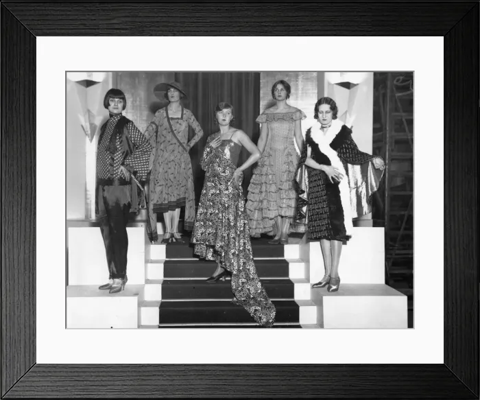 Framed Print : Silk Show. Models wearing outfits all made from artificial silk Framed Print : Silk Show. Models wearing outfits all made from artificial silk