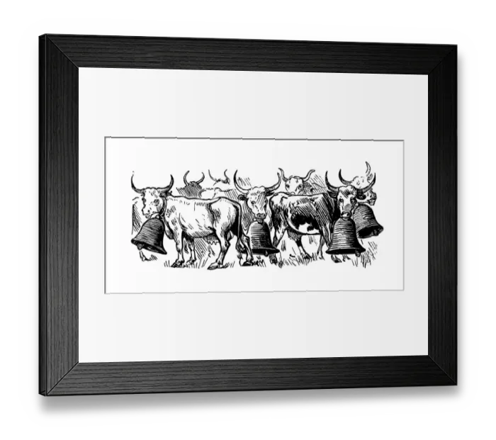 Framed Print : British London satire caricatures comics cartoon illustrations: Cattle with giant bell Framed Print : British London satire caricatures comics cartoon illustrations: Cattle with giant bell