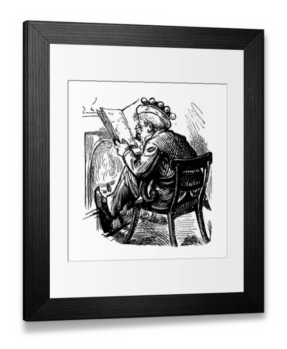Framed Print : British London satire caricatures comics cartoon illustrations: King reading Framed Print : British London satire caricatures comics cartoon illustrations: King reading