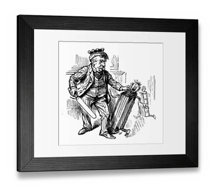 Framed Print : British London satire caricatures comics cartoon illustrations: King with book Framed Print : British London satire caricatures comics cartoon illustrations: King with book