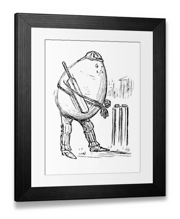 Framed Print : British London satire caricatures comics cartoon illustrations: Egg playing cricket Framed Print : British London satire caricatures comics cartoon illustrations: Egg playing cricket