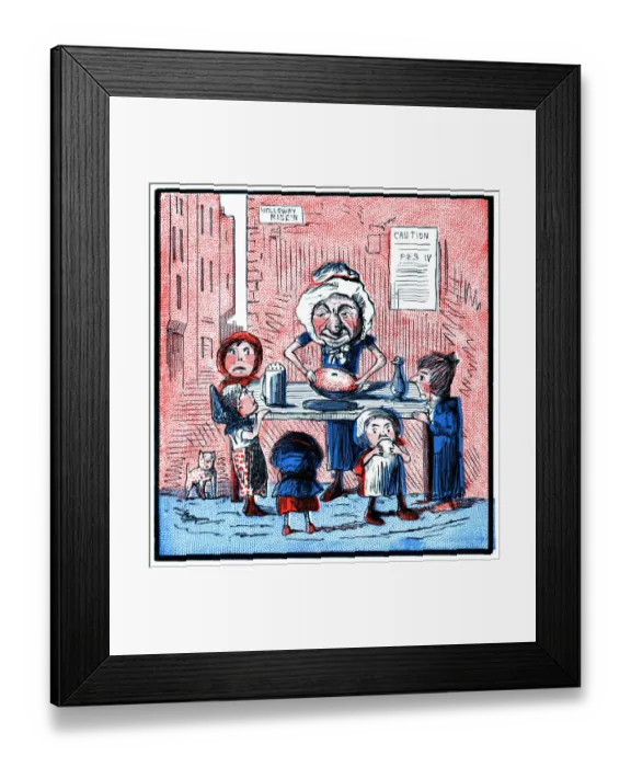 Framed Print : Old woman making pies (Victorian cartoon) Framed Print : Old woman making pies (Victorian cartoon)