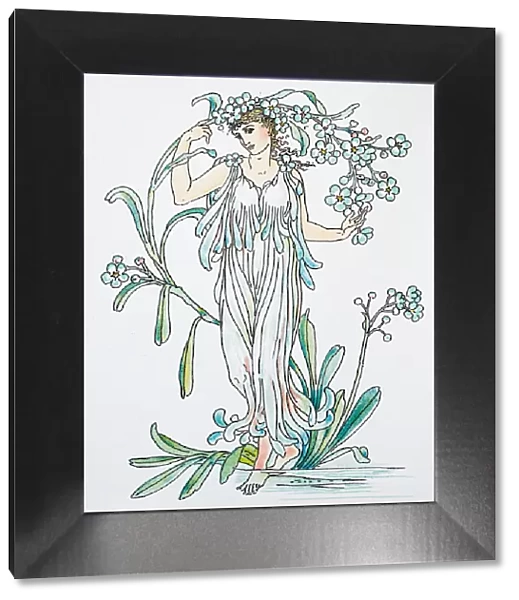 Antique illustration of humanized flowers and plants: Forget me not