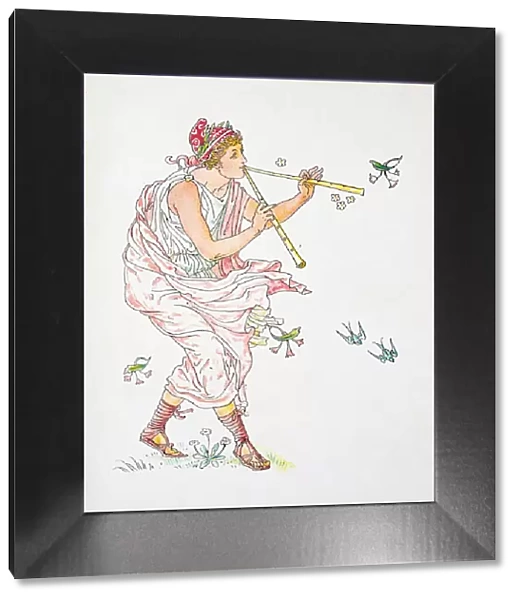 Antique illustration of humanized flowers and plants: Playing flute